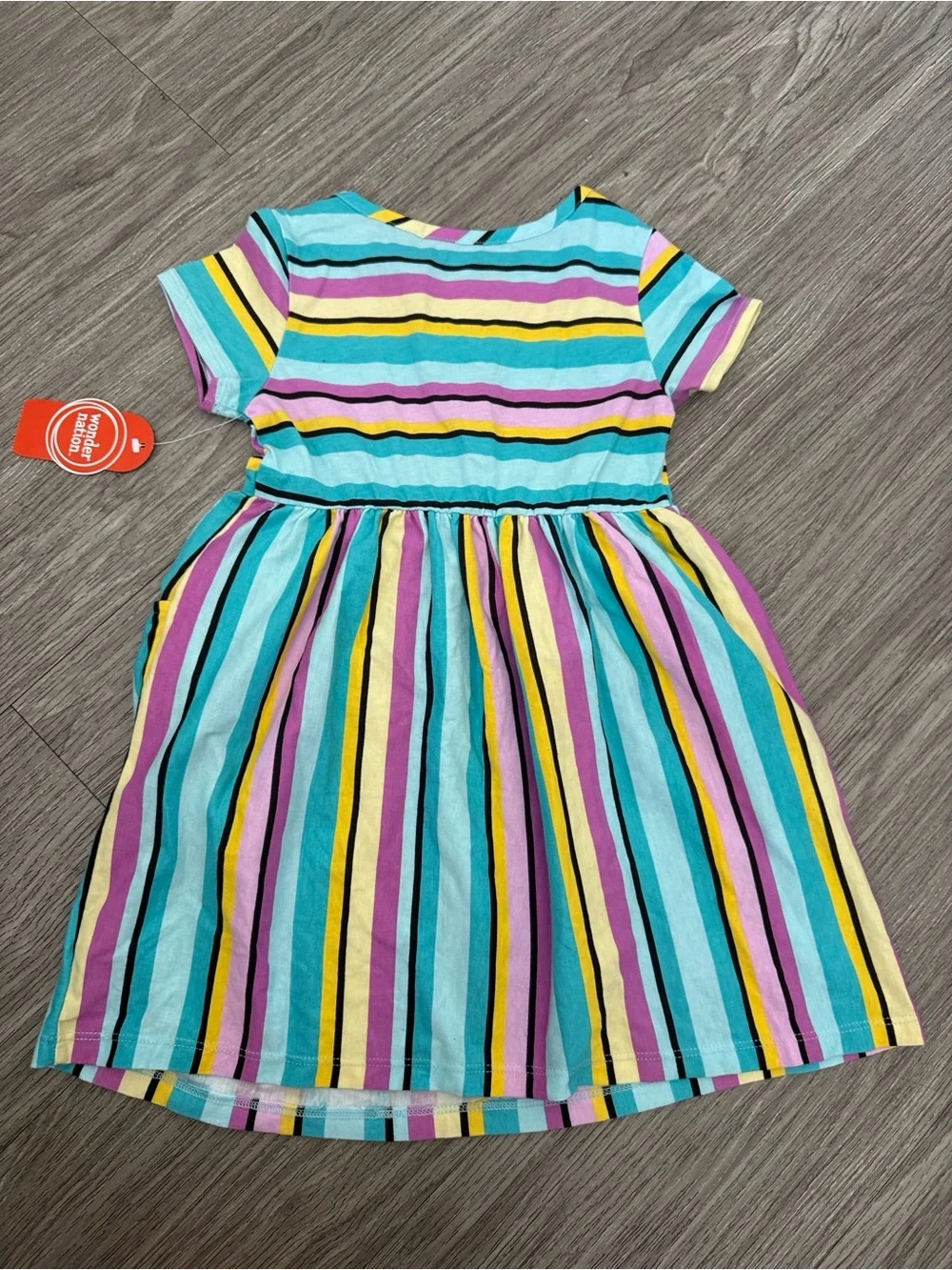 wonder nation Striped Short-Sleeve Dress in Aqua, Yellow, Purple, Black & Pink